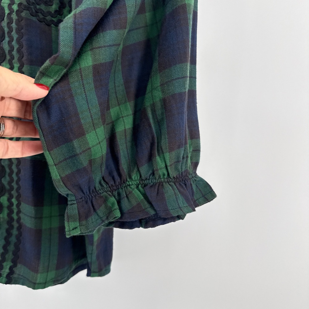 Sister Mary Rosa Plaid Trimmed Shirt Green Navy Ruffled Collar RicRac Size Small - Picture 6 of 12